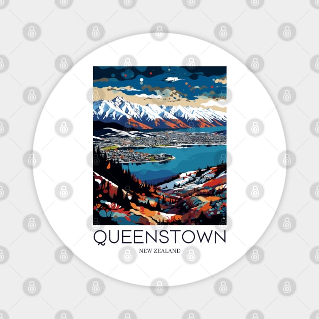 A Pop Art Travel Print of Queenstown - New Zealand Magnet by Studio Red Koala